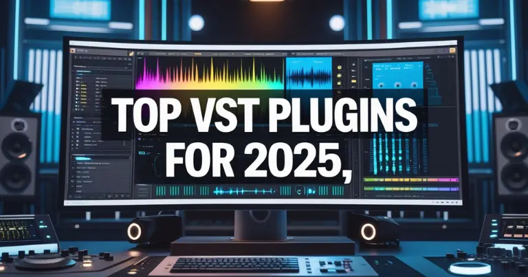 A futuristic digital audio workstation showcasing top VST plugins for 2025, with colorful waveforms and sound spectrums on a modern computer screen, set in a high-tech music studio.